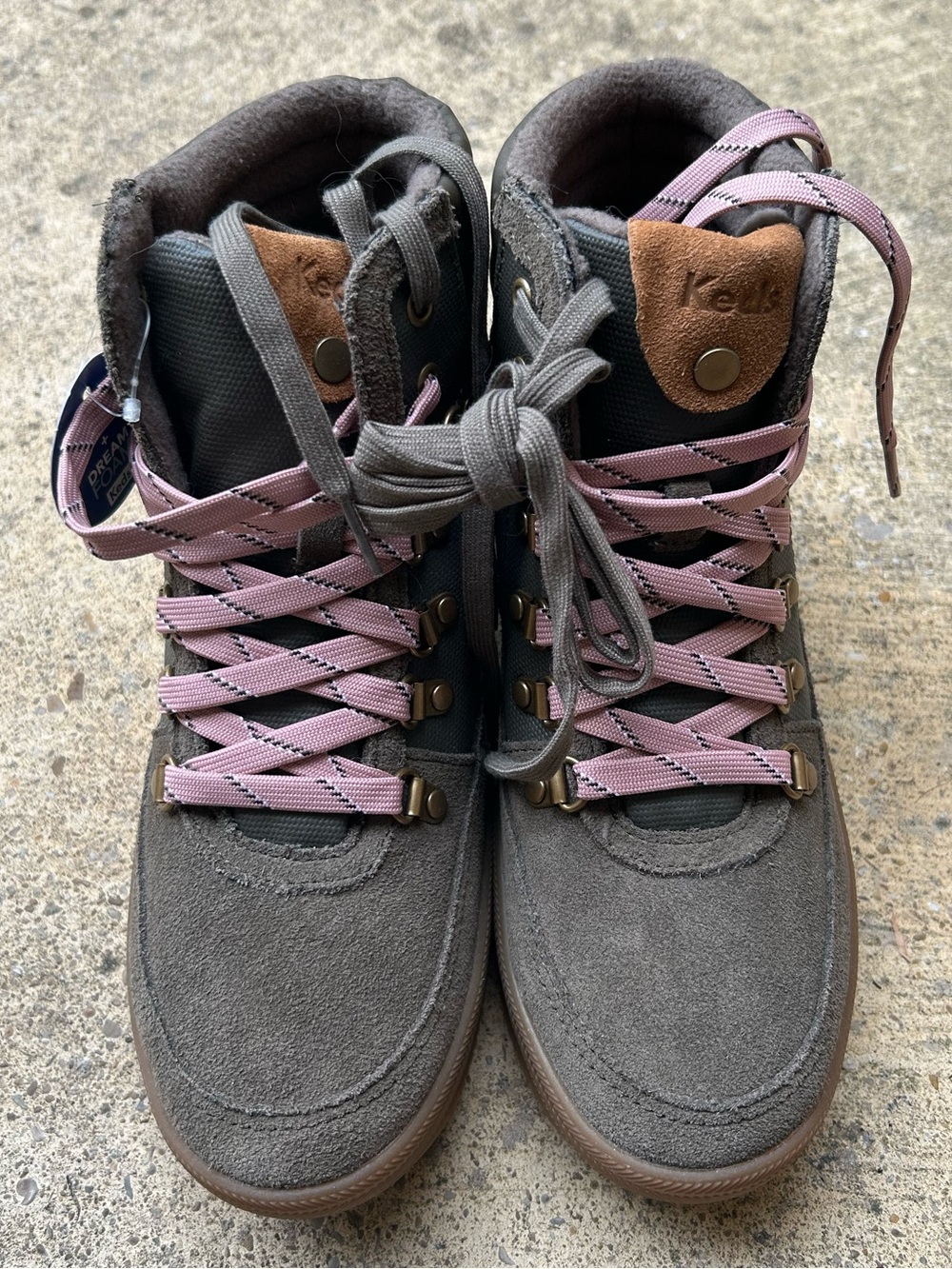 Keds Women’s Gray Suede Lace-Up Boots with Pink Laces
